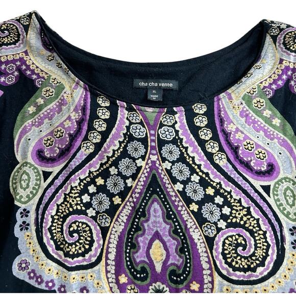 Cha Cha Vente Boho Tunic Top Sz XL Paisley 38/4 Sleeve Blouse Bohemian Long Fit - Picture 3 of 6